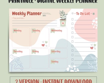 May include: Printable weekly planner with a pink and blue abstract design. The planner has sections for each day of the week, a to-do list, and a space for top priorities. The planner also features a small plant illustration.