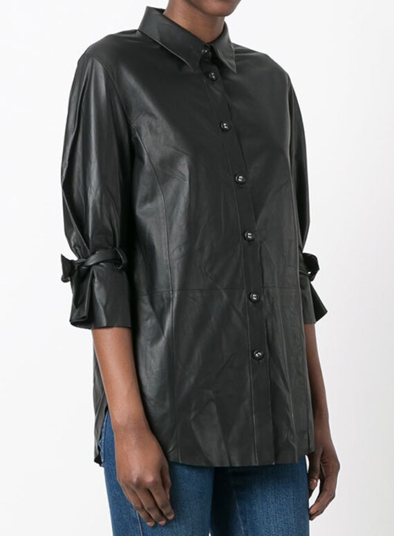 Women's Black Button-Up Tailored Shirt Blouse 100% Real Genuine Lambskin Leather Women's Black Button-Up Tailored Shirt Blouse 100% Real Genuine Lambskin Leather
