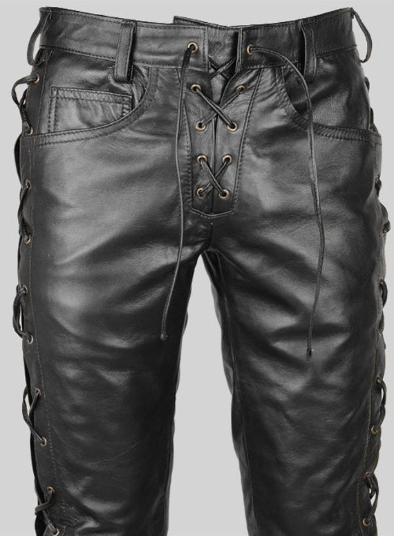 SaheebLeather Men's Real Black Side Laced Bikers Jeans Style Pants 100% Original Lambskin Leather