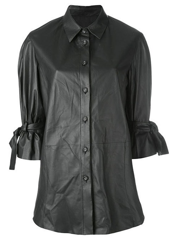 Women's Black Button-Up Tailored Shirt Blouse 100% Real Genuine Lambskin Leather Women's Black Button-Up Tailored Shirt Blouse 100% Real Genuine Lambskin Leather