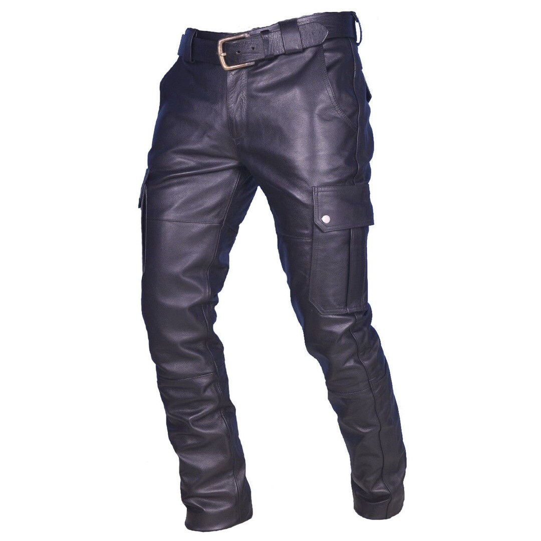Men's Leather Pants Plain Cargo Pockets 100 Real Lamb Leather Bikers