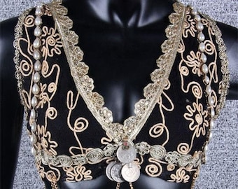 Tribal Bellydance gothic steampunk oriental choli / halter top black/gold with coins chains ATS top/choli Tribal Bauchtanz choli