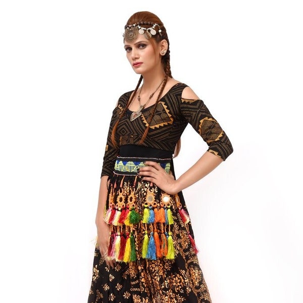 Tribal Bellydance drop shoulder assuit choli black/gold stretch lycra cotton ATS top/choli Tribal Bauchtanz choli Bauchtanz top