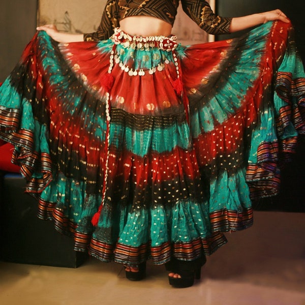 Tribal Bellydance Bollywood layer skirt hand dyed with padma border 100% viscose 25 Yd 35 Yd ATS skirt Tribal Bauchtanz Rock 4- tier skirt