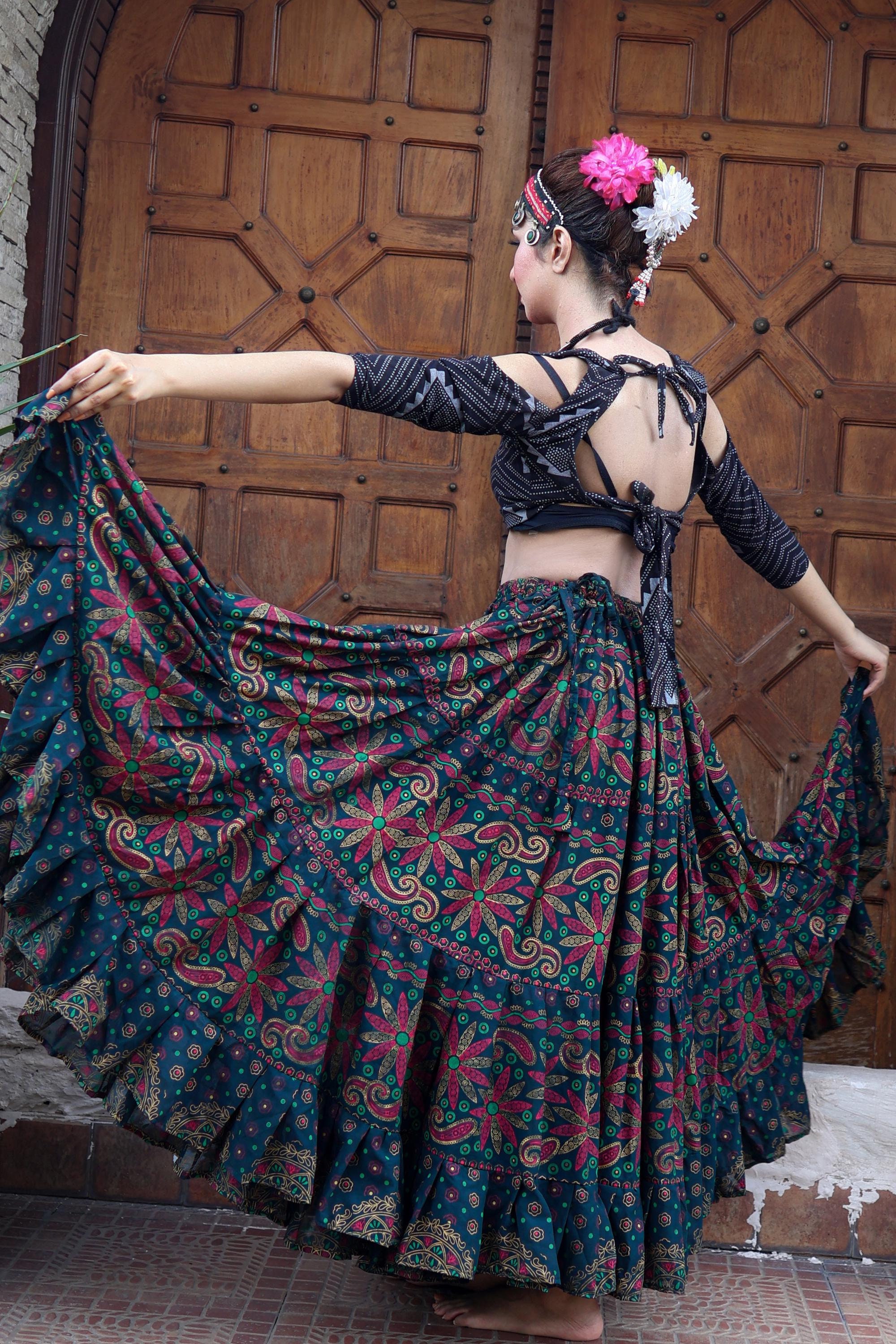 Tribal Bellydance Block print skirt Flower Design 100% Polyester Fabric 25 Yards 35 Yards ATS skirt Tribal Bauchtanz Rock 4- tier skirt