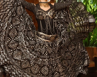 Tribal Bellydance Block print Assuit skirt black/silver cotton 25/35 Yards ATS skirt Tribal Bauchtanz Rock 4tier skirt