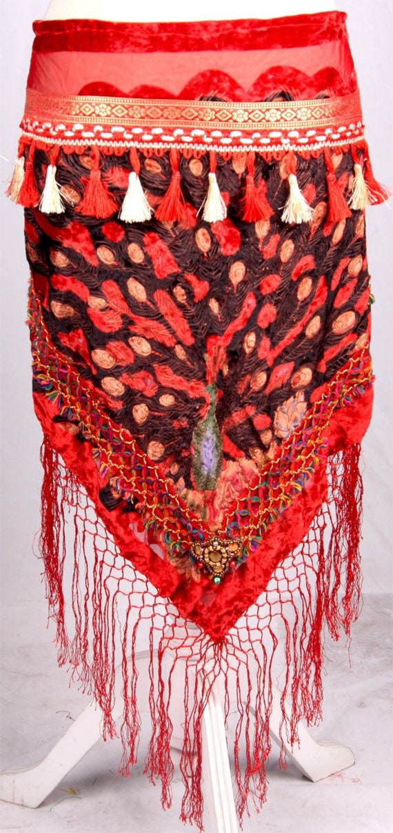 Tribal Bellydance peacock velvet hipscarf with tassel lace and fringe many  colors Gypsy Hipscarf ATS Hipscarf