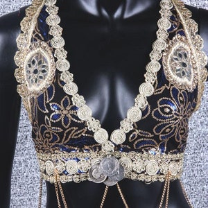 Tribal Bellydance gothic steampunk oriental choli / halter top blue/gold with coins chains ATS top/choli Tribal Bauchtanz choli