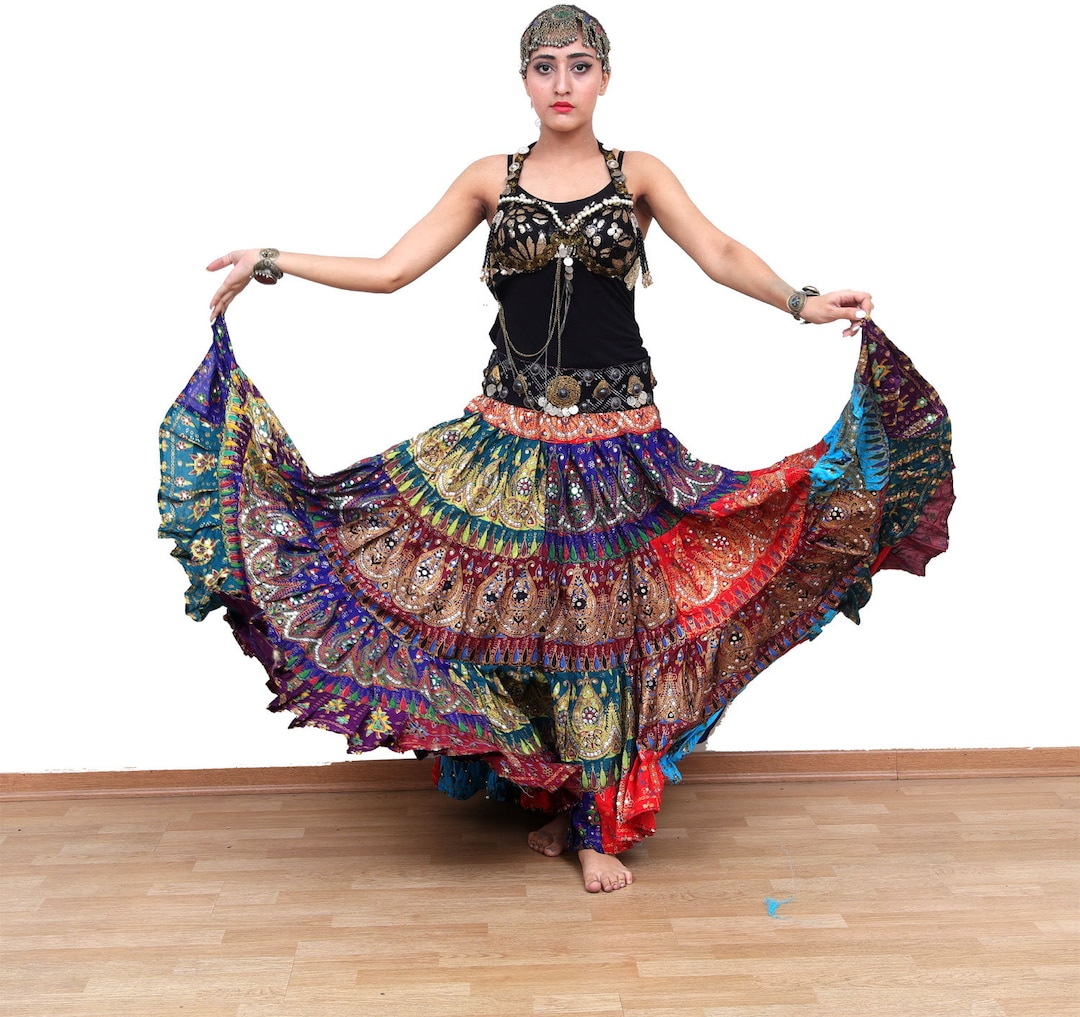 Jupe Longue Gypsy 4 Volants 25 Yards Wevez - Tribal, Flamenco, Taille L, Marron