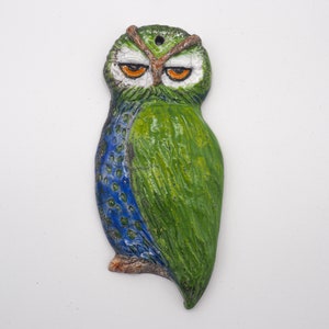 Hanging Owl Decor – Raku Ceramic Owl Wall Art – Fantasy Owl Sculpture – Handmade Owl Wall Art