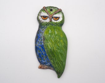 Hanging Owl Decor - Raku Ceramic Owl for Wall - Whimsical Hanging Owl Sculpture - Handmade Owl Wall Art - Unique Ceramic Bird