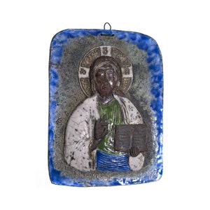 Byzantine Christ in raku ceramic made in a single hand-worked piece - Artistic ceramic Christ and executed in bas-relief