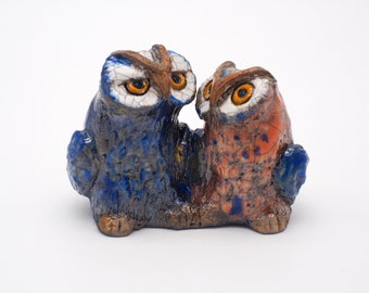 Pair of Handcrafted Raku Ceramic Owls