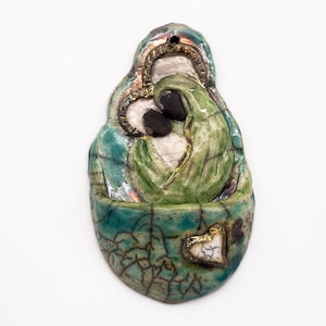 Madonna Holy Water Stoup in Raku Ceramic – Handmade Sacred Art – Madonna and Child in Aquamarine with Gold Reflections