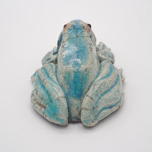 Rana in ceramica Raku vista da altra angolazione, scultura animale artigianale