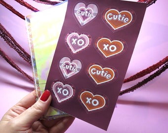 Matte Vinyl Pink and Orange Plaid Kiss-Cut Heart Stickers