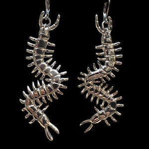 May include: A pair of silver-colored centipede earrings. Each earring features a detailed, articulated centipede design with multiple legs and antennae. The earrings hang from a simple hook closure against a black background.