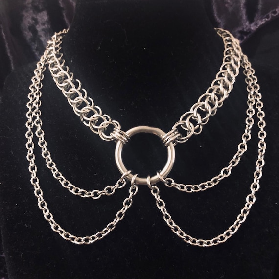 ネックレス・チョーカー SK8ER ROCK Three Pendant ORing Surgical Steel Necklace Steel Triple Chained O-ring Choker - Etsy