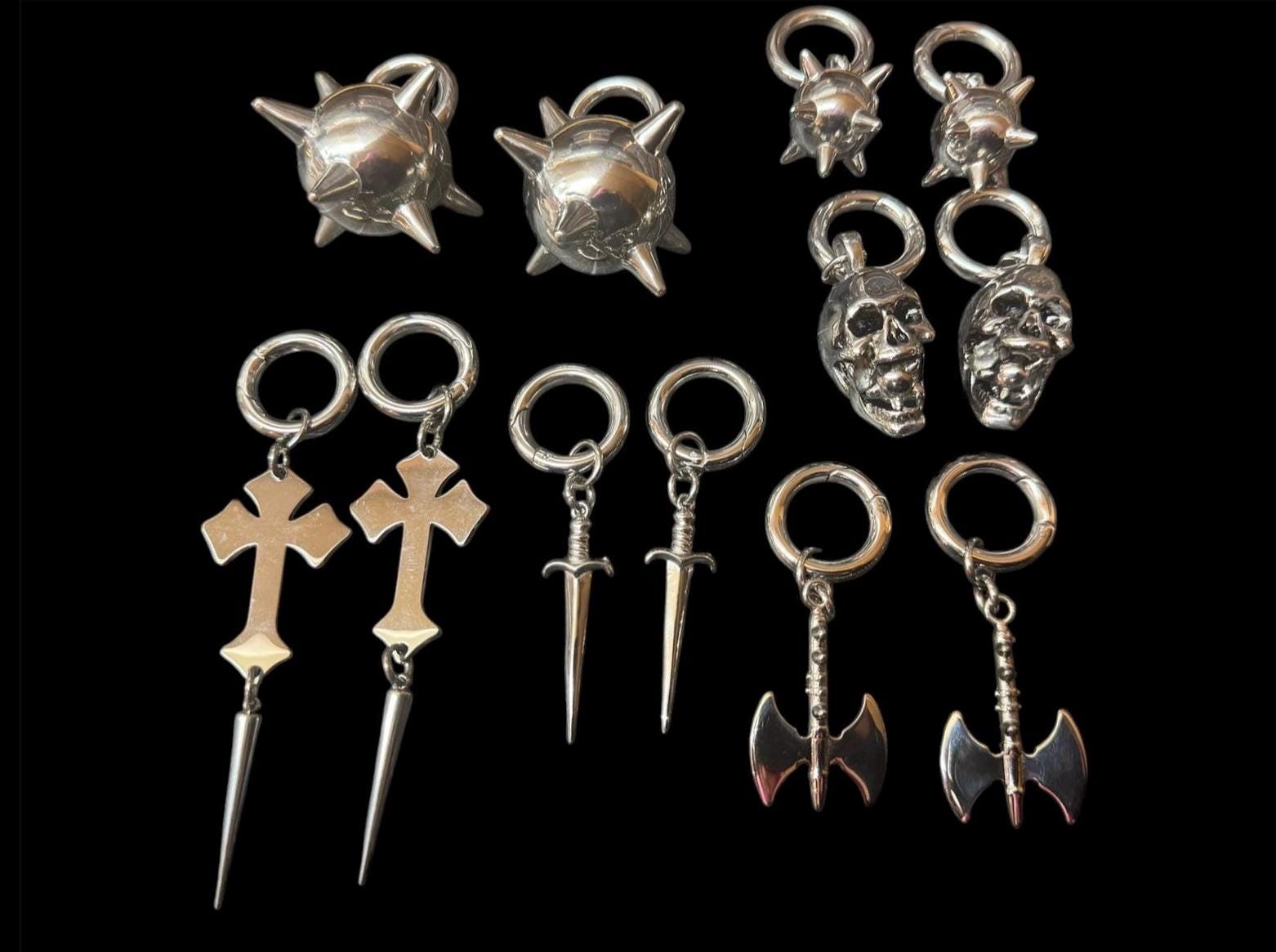 Ear weights, Medieval Skulls, battle axe, dagger, cross, flails