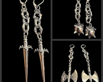 Flail, dagger, axe earrings, (silver/ gold)