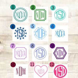 May include: A collection of twelve monogram designs in various colors and styles. Each design features initials or a combination of letters, enclosed in different shapes such as circles, stars, and hearts. The color palette includes shades of blue, green, purple, and pink.