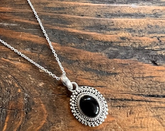 Oval Black Onyx Sterling Silver Necklace: Delicate Boho Jewelry