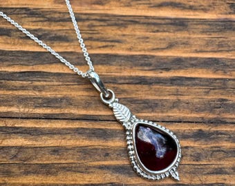 Sterling Silver Garnet Necklace | Teardrop Pendant with Leaf Detail | Boho Red Gemstone Jewellery