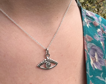 Prehnite Evil Eye Sterling Silver Necklace: Protection Pendant