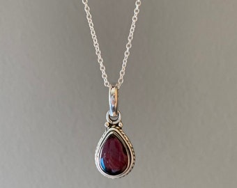 Garnet necklace Sterling Silver,  Bohemian Necklace, Red Garnet Teardrop necklace,  Gift for her, Anniversary Gift, Valentine's Day Gift