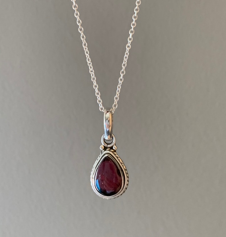 Garnet necklace, silver Garnet necklace, Boho necklace, Garnet Teardrop necklace, Sterling silver necklace, Gift for her image 1