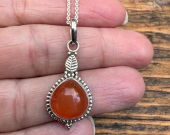 Carnelian Teardrop Necklace | Sterling Silver Orange Gemstone Pendant | Boho Leaf Pendant | Handcrafted Gift