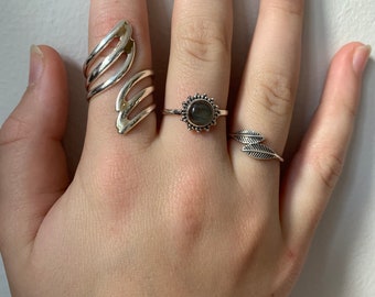 Sterling Silver Leaf Ring: Adjustable Wrap Around Statement Ring