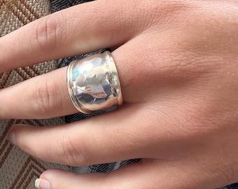 Adjustable Hammered Sterling Silver Ring: Dome Chunky Statement Band