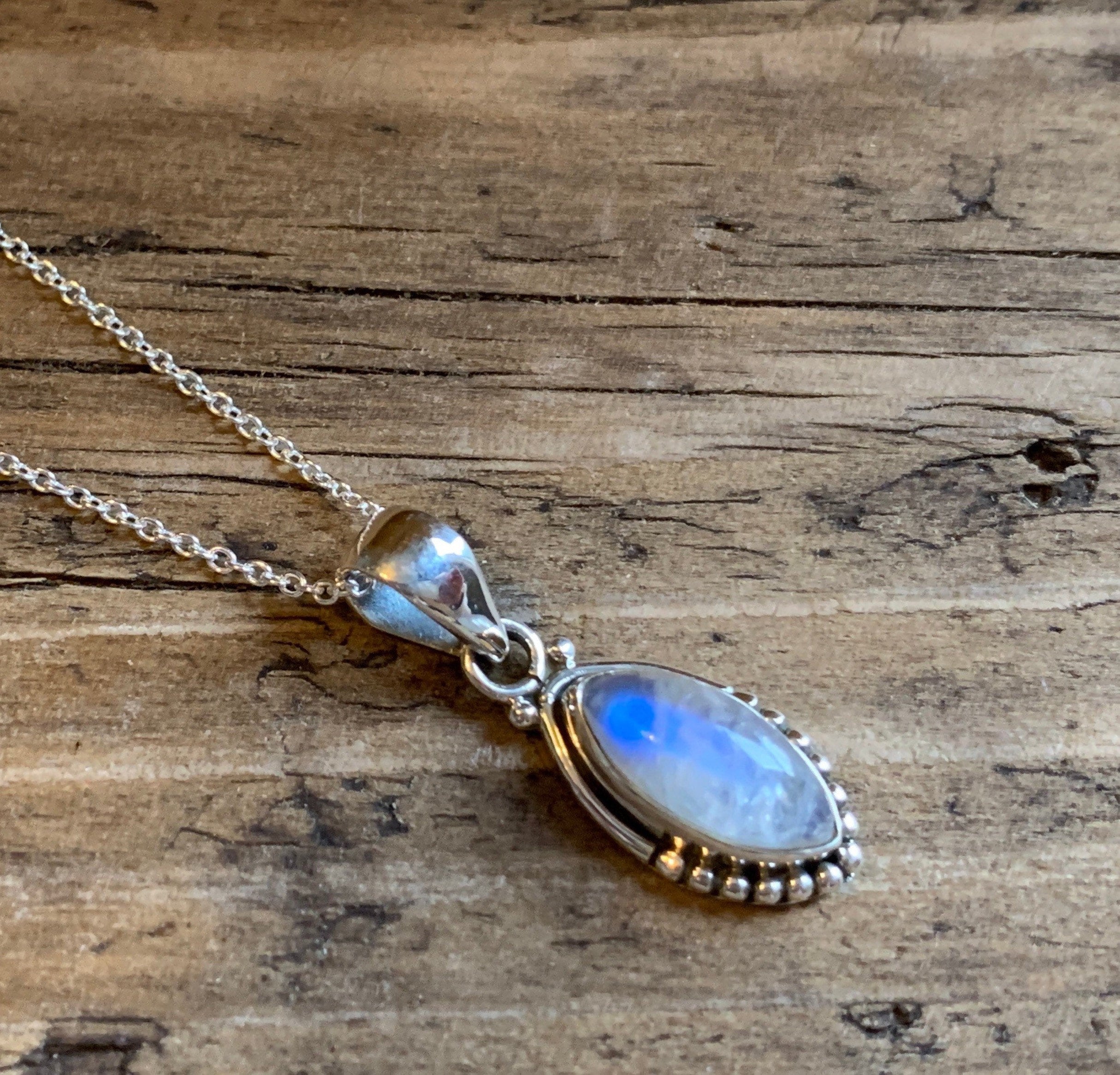 Sterling Silver Rainbow Moonstone Necklace: Delicate Boho Jewelry