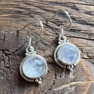 Moonstone earrings, Sterling silver Round moonstone earrings, Moonstone dangle earrings, Rainbow moonstone earrings, June Birthstone