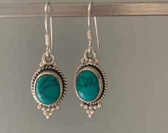 Pendientes colgantes de turquesa: Joyería bohemia de plata de ley, piedra de nacimiento de diciembre
