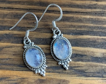 Rainbow Moonstone Drop Earrings: Oval Gemstone, Sterling Silver