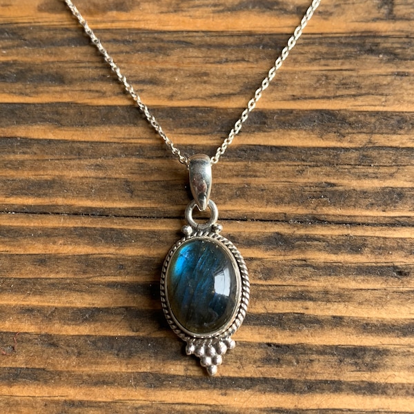 Sterling Silver Round Labradorite Necklace, Boho Pendant