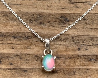 Tiny Ethiopian Opal Necklace: Minimalist Sterling Silver Pendant