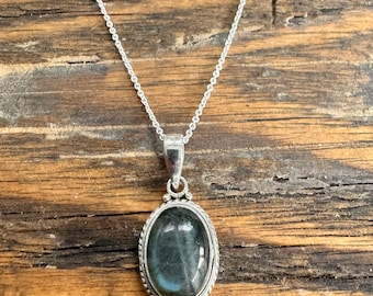 Sterling Silver Oval Labradorite Necklace: Boho Labradorite Pendant