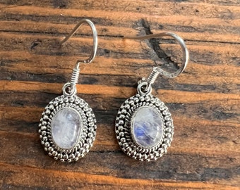 Rainbow Moonstone Drop Earrings: Oval Gemstone, Sterling Silver