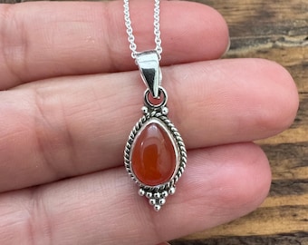 Dainty Sterling Silver Carnelian Necklace, Teardrop August Birthstone