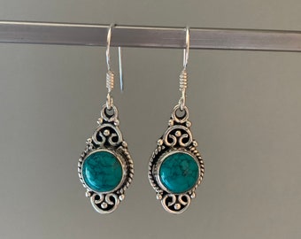Turquoise Sterling Silver Dangle Boho Earrings: Flower Vintage Design, December Birthstone