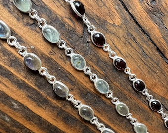 Dainty Silver Bracelet: Oval Gemstone, Minimalist Chain Bracelet