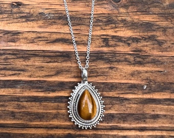 Teardrop Tiger Eye Sterling Silver Necklace: August Birthstone