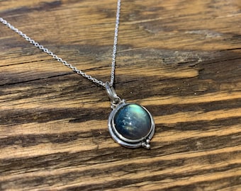 Minimalist Sterling Silver Labradorite Necklace, Delicate Round Pendant