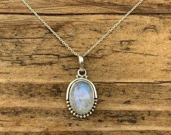 Moonstone  necklace, Delicate necklace, Boho necklace, Rainbow moonstone oval necklace, Sterling silver moonstone necklace, gift for her