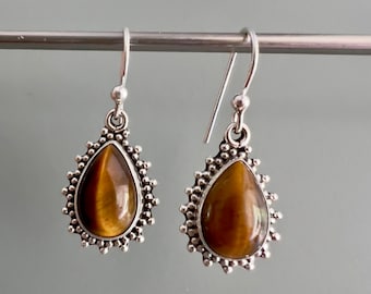 Tiger's Eye Sterling Silver Teardrop Earrings: Healing Stone Jewelry