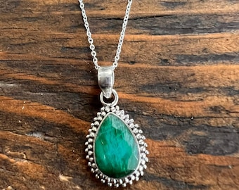 Sterling Silver Emerald Necklace: Faceted Teardrop, May Birthstone