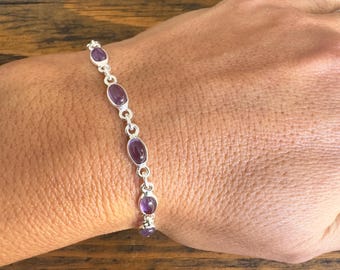 Dainty Sterling Silver Amethyst Bracelet: Minimalist Gemstone Jewelry, February Birthstone